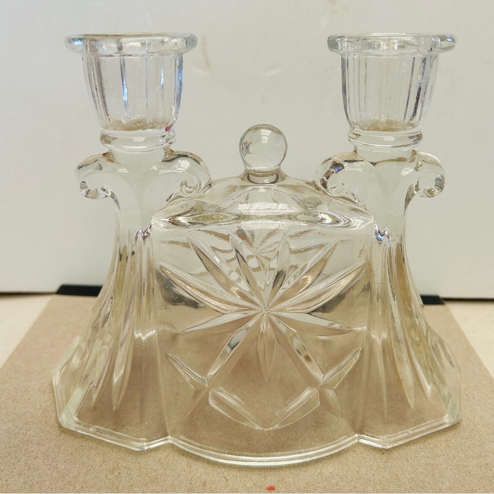 Vintage Anchor Hocking candlestick holder for 2 taper candles. Star of David.